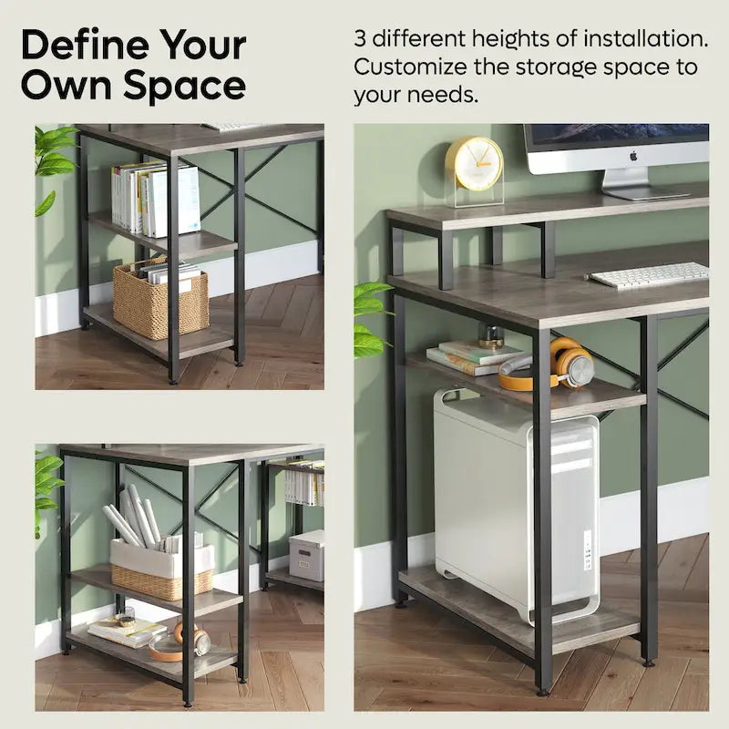 Bureau d'ordinateur double écran 55 pouces avec étagères réglables