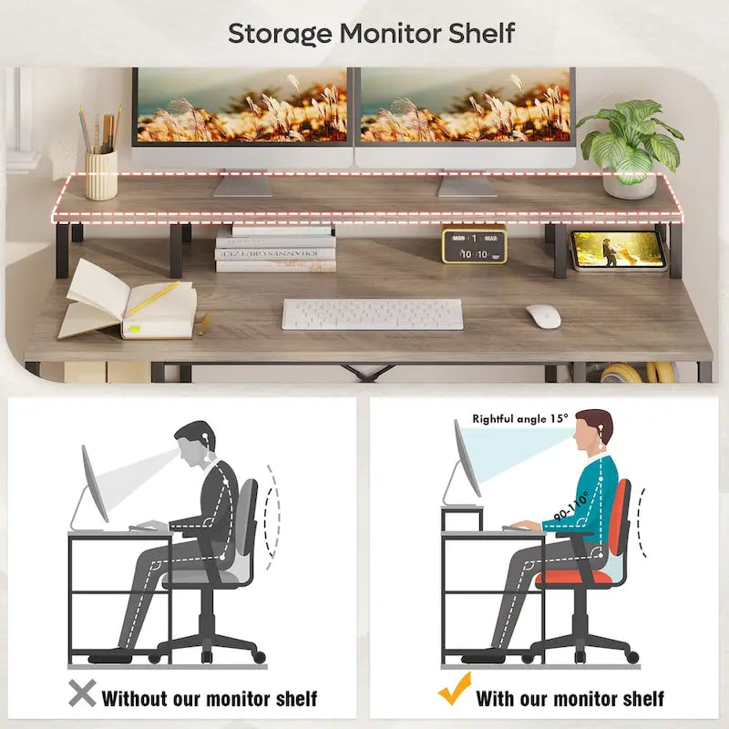 Bureau d'ordinateur double écran 55 pouces avec étagères réglables