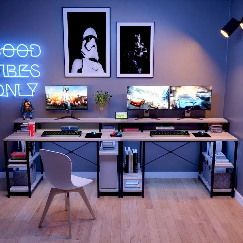 Bureau d'ordinateur double écran 55 pouces avec étagères réglables