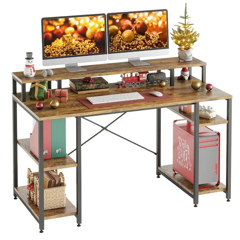 Bureau d'ordinateur double écran 55 pouces avec étagères réglables