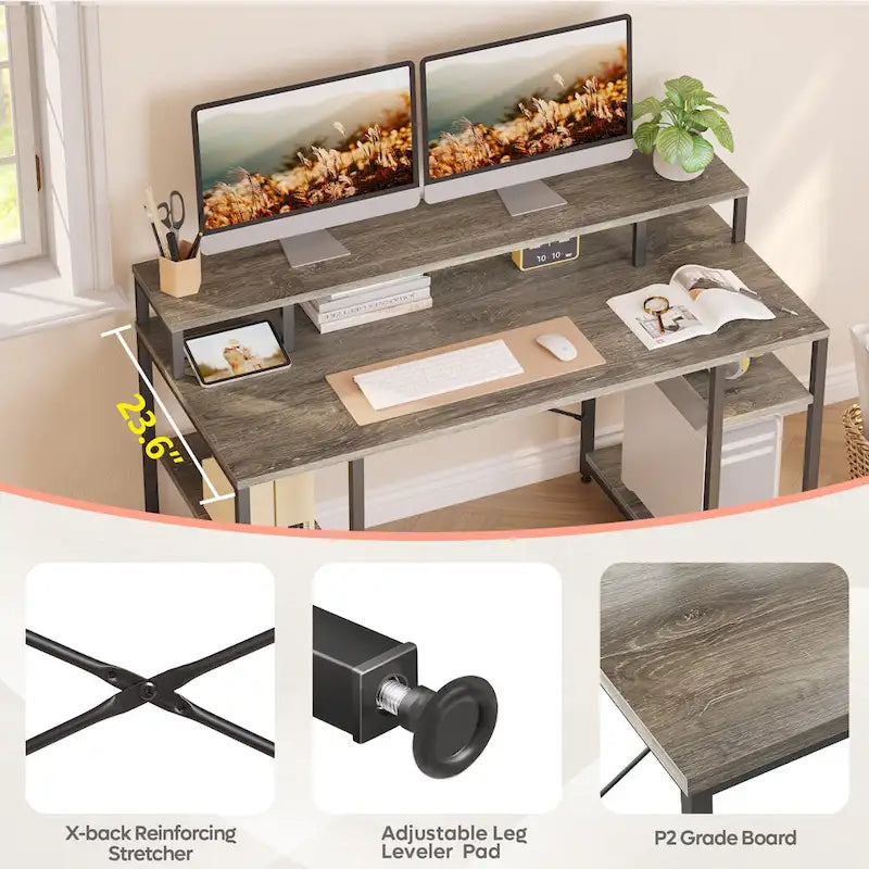 Bureau d'ordinateur double écran 55 pouces avec étagères réglables