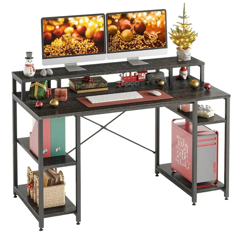Bureau d'ordinateur double écran 55 pouces avec étagères réglables