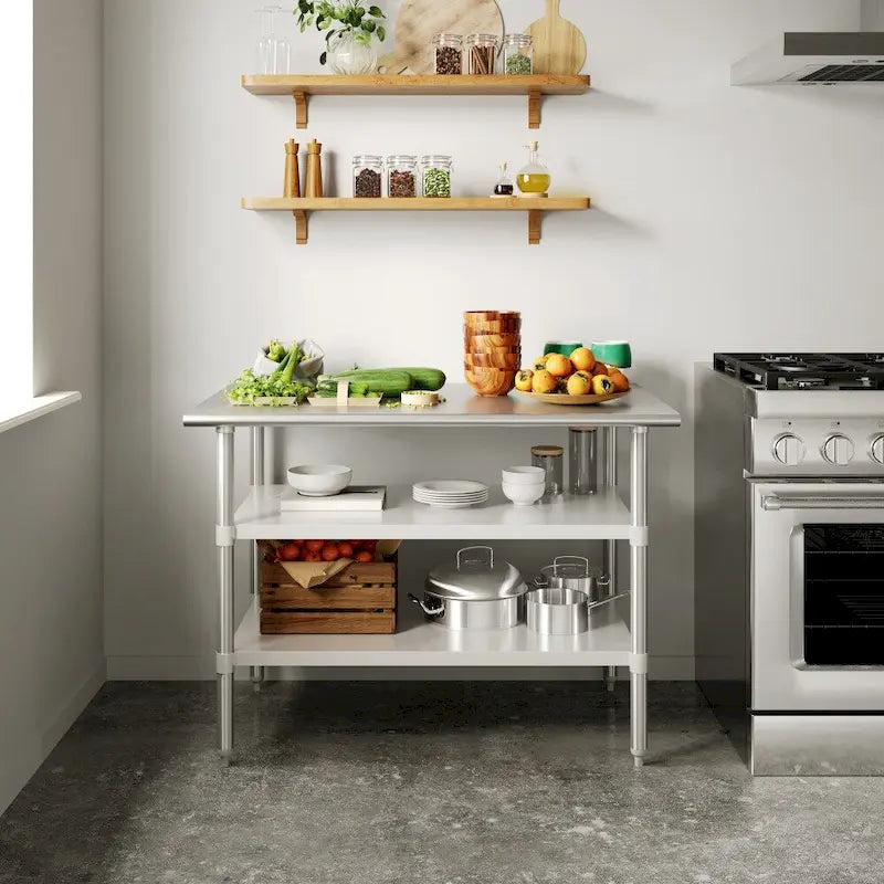 Table de travail et de préparation commerciale en acier inoxydable de calibre 18 certifiée NSF