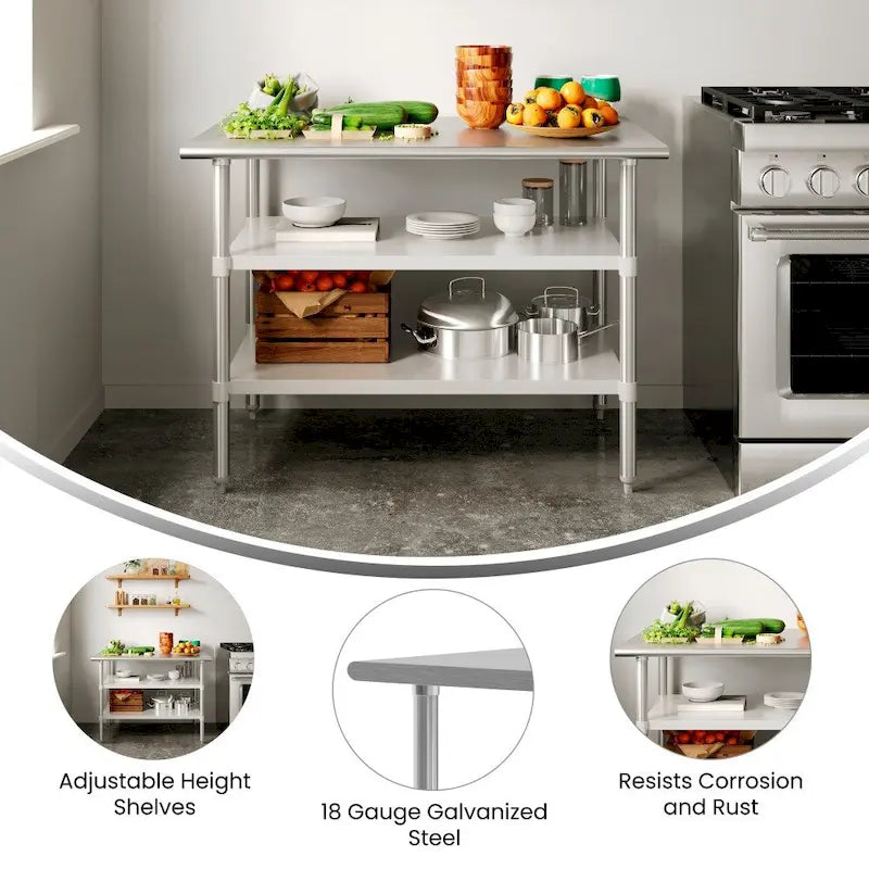 Table de travail et de préparation commerciale en acier inoxydable de calibre 18 certifiée NSF