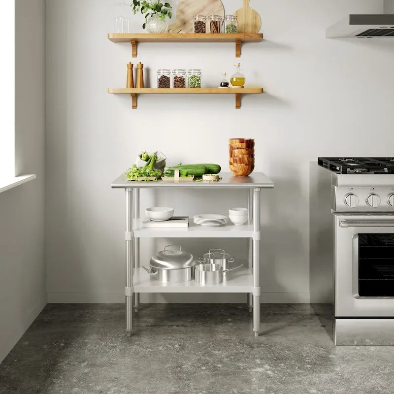 Table de travail et de préparation commerciale en acier inoxydable de calibre 18 certifiée NSF