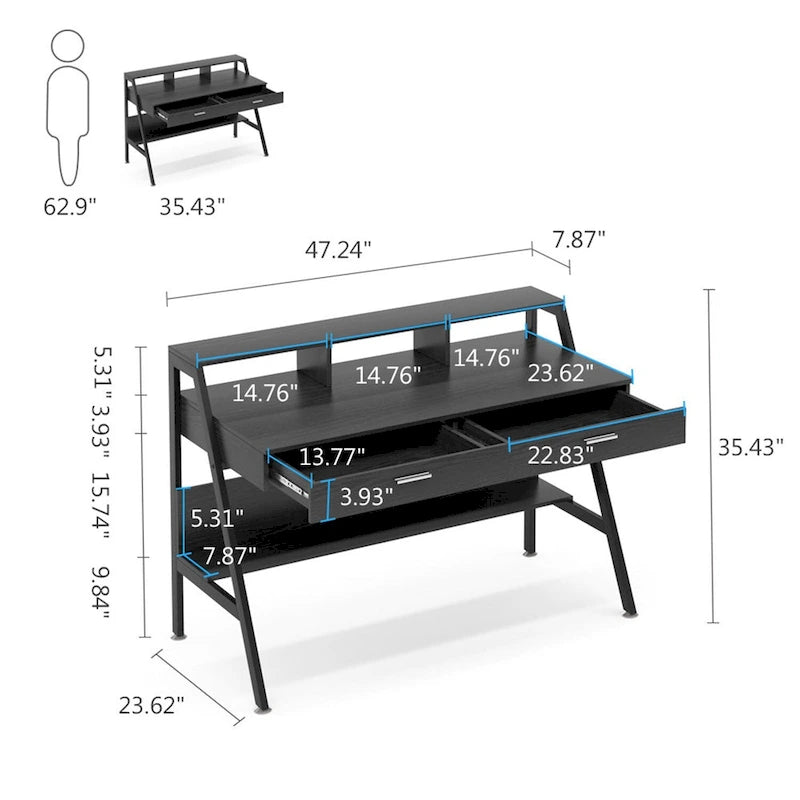 Bureau d'ordinateur de 47 pouces avec tiroirs, bureau d'écriture avec étagères