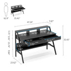 Bureau d'ordinateur de 47 pouces avec tiroirs, bureau d'écriture avec étagères