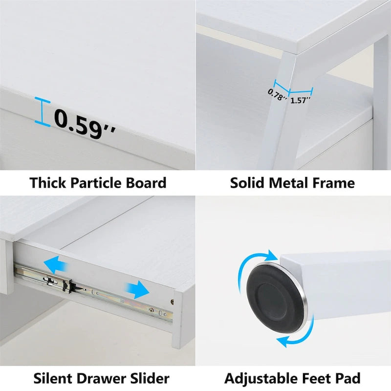 Bureau d'ordinateur de 47 pouces avec tiroirs, bureau d'écriture avec étagères