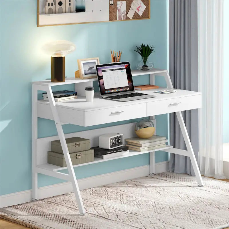 Bureau d'ordinateur de 47 pouces avec tiroirs, bureau d'écriture avec étagères