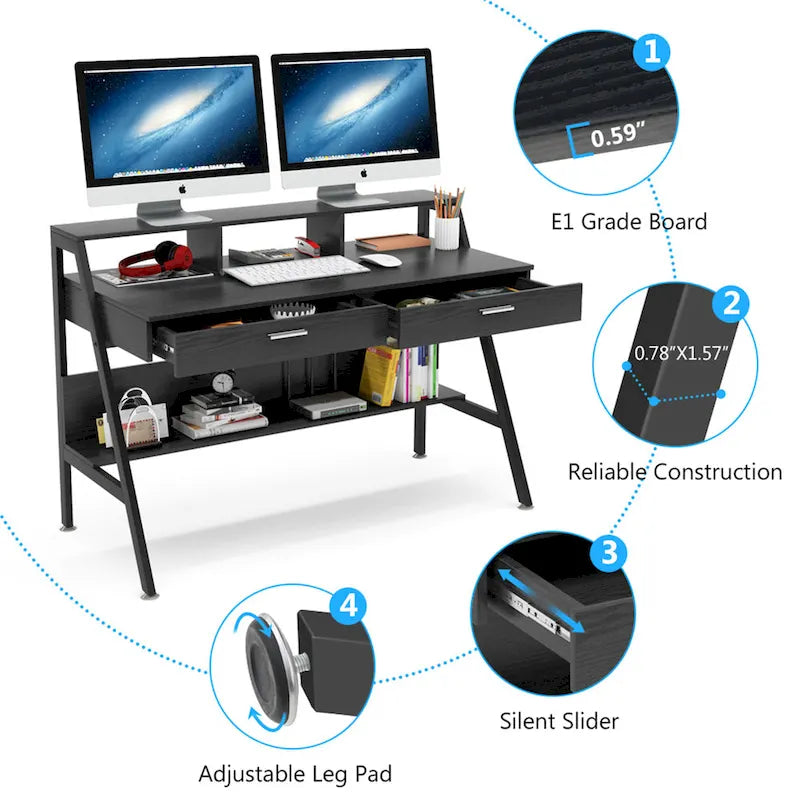 Bureau d'ordinateur de 47 pouces avec tiroirs, bureau d'écriture avec étagères