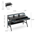 Bureau d'ordinateur de 47 pouces avec tiroirs, bureau d'écriture avec étagères