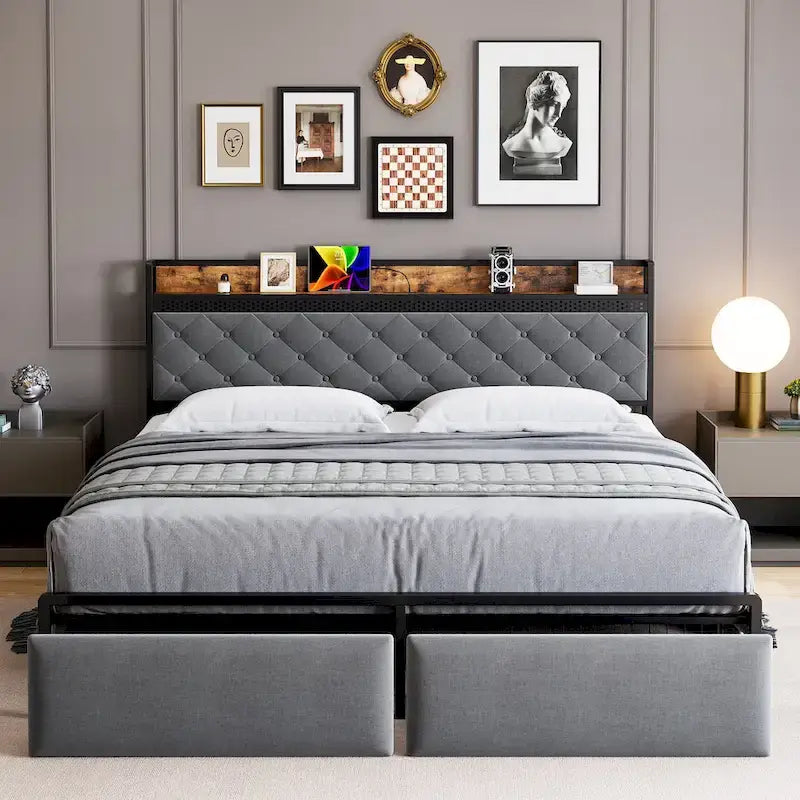 Modern Tufted Metal Platform Bed Storage Headboard & LED Lights