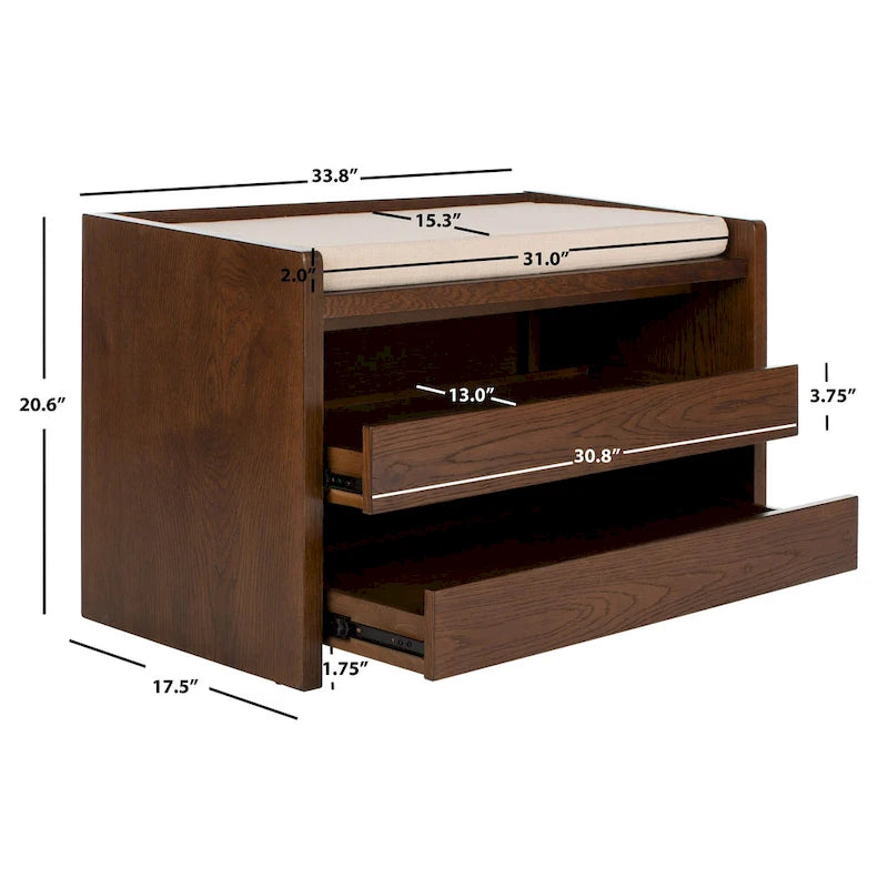 SAFAVIEH Banc de rangement pour chaussures Roseanna Chêne / Beige - 34 L x 18 P x 21 H - 34 L x 18 P x 21 H