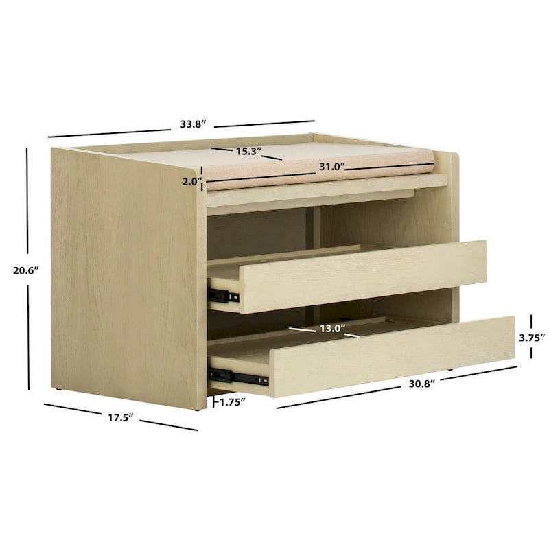 SAFAVIEH Banc de rangement pour chaussures Roseanna Chêne / Beige - 34 L x 18 P x 21 H - 34 L x 18 P x 21 H