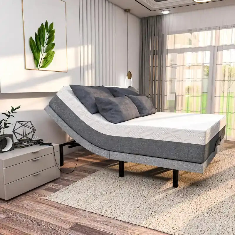 Renanim Zero Gravity Adjustable Bed Frame with 14 Memory Foam Mattress, Dual Massage, USB, Under Bed Light, Remote, App Control