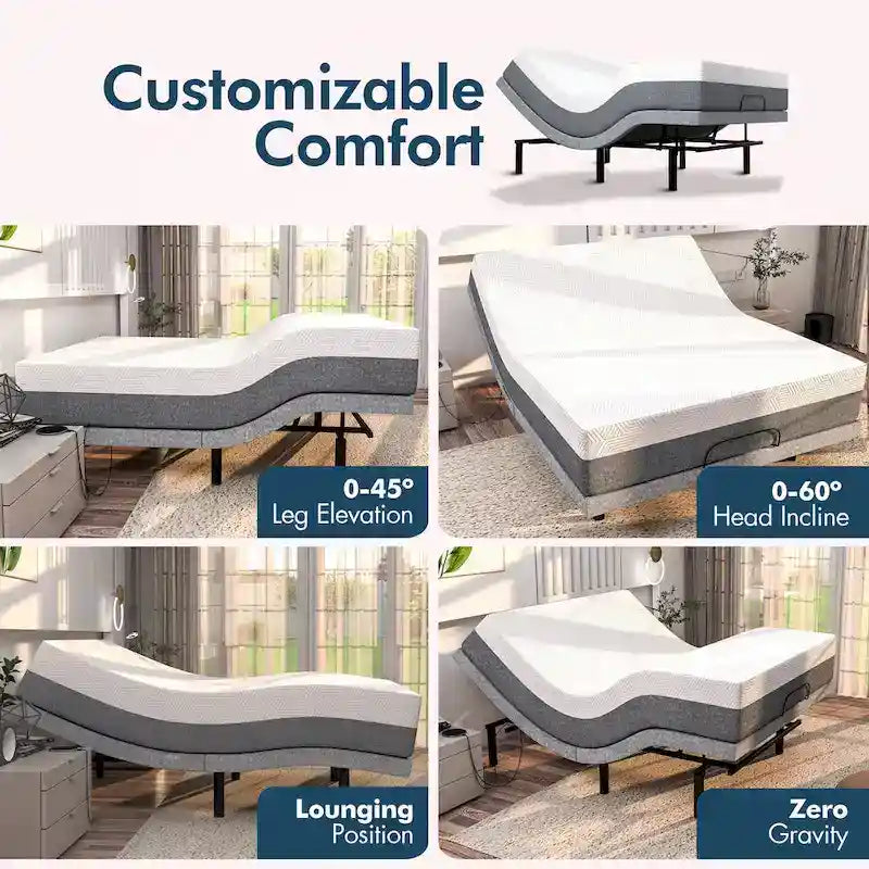 Cadre de lit ajustable Renanim Zero Gravity avec matelas en mousse à mémoire de forme de 35 cm, double massage, port USB, éclairage sous le lit, télécommande et application de contrôle