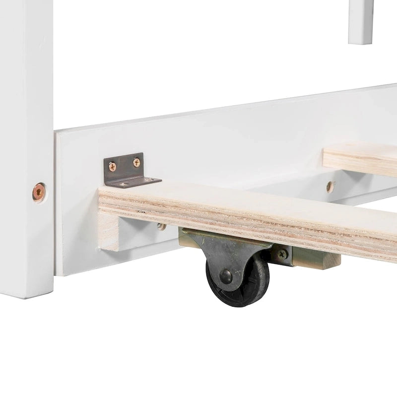 Lit plateforme en L avec lit gigogne et tiroirs, relié à un bureau intégré, 2 places