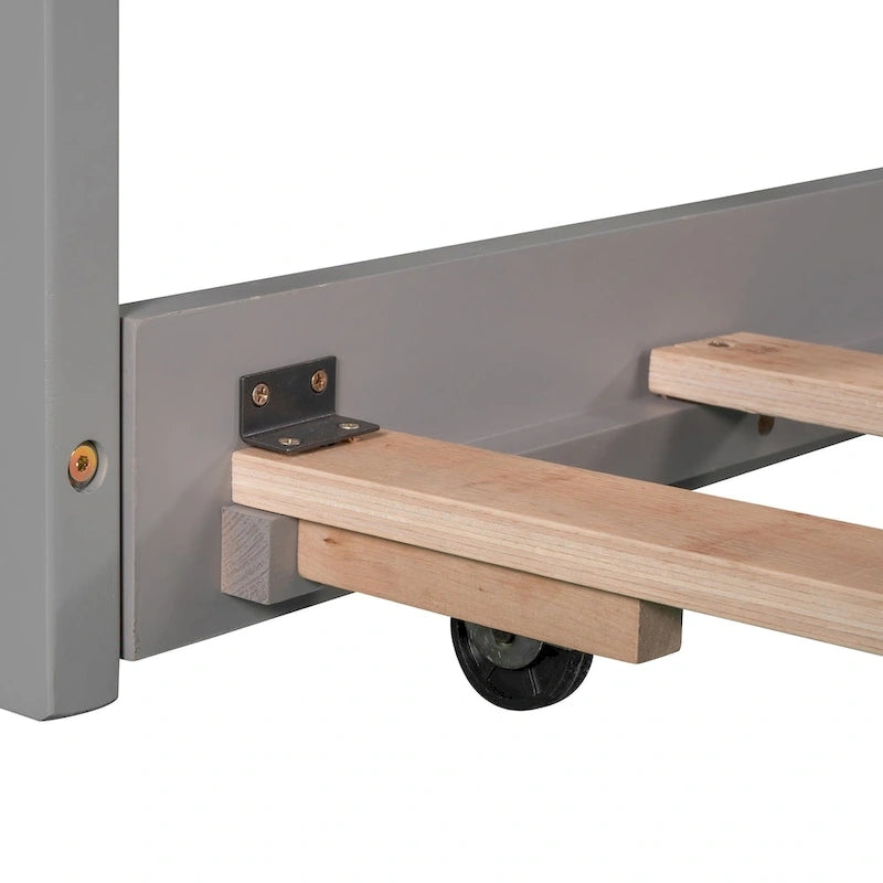 Lit plateforme en L avec lit gigogne et tiroirs, relié à un bureau intégré, 2 places