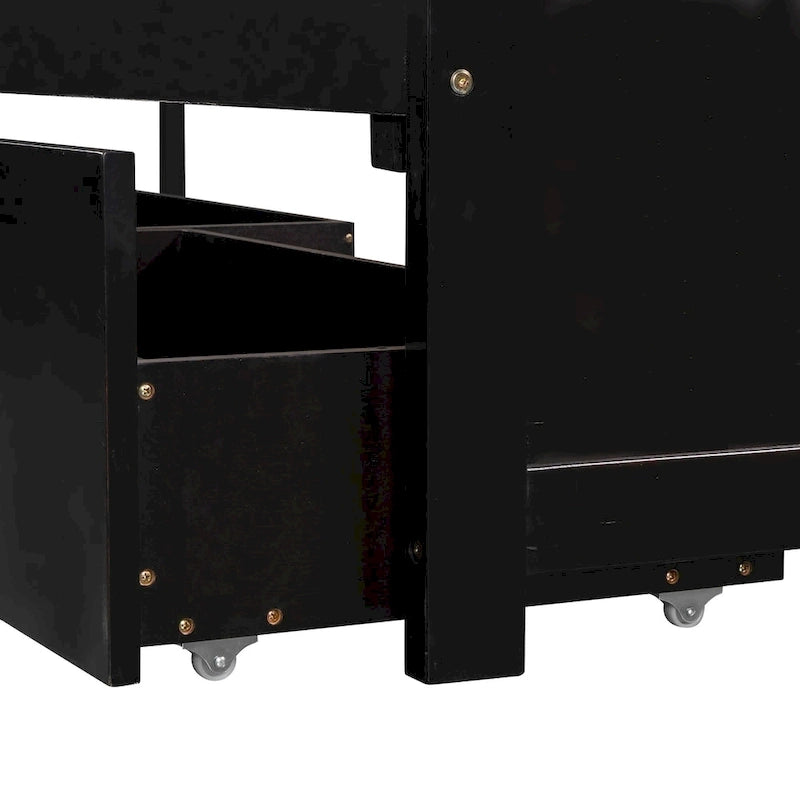 Lit plateforme en L avec lit gigogne et tiroirs, relié à un bureau intégré, 2 places