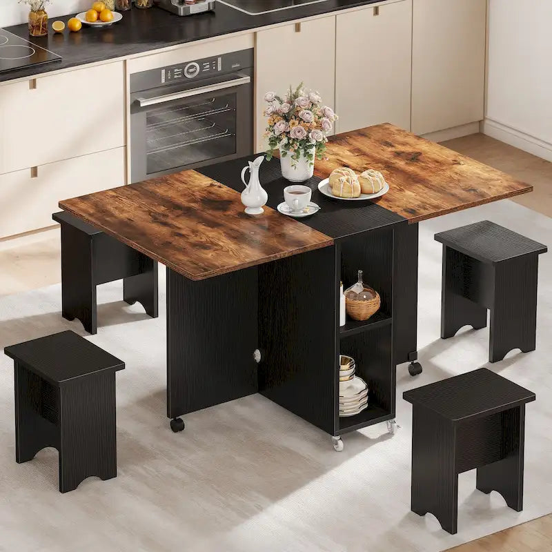 Ensemble de salle à manger pliant moderne Moasis avec table à abattants à 6 roues et tabourets de rangement