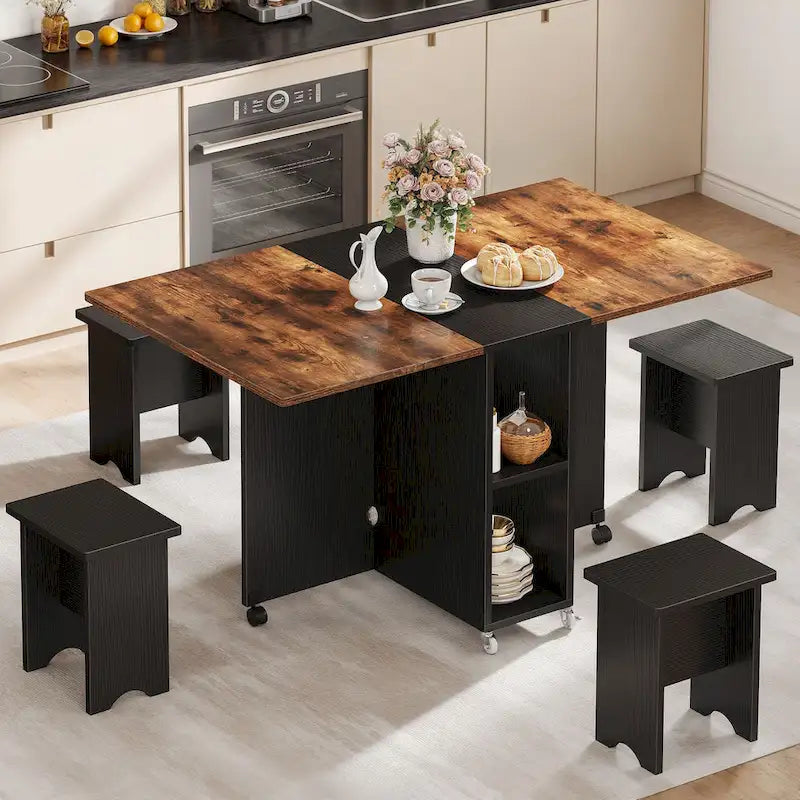 Moasis Modern Folding Dining Set with 6 Wheels Drop Leaf Table and Storage Stools