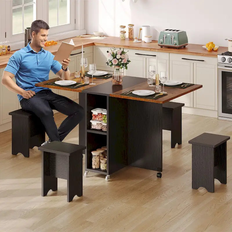 Ensemble de salle à manger pliant moderne Moasis avec table à abattants à 6 roues et tabourets de rangement