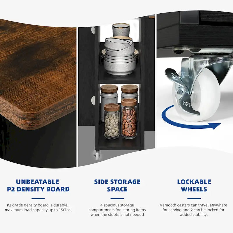 Ensemble de salle à manger pliant moderne Moasis avec table à abattants à 6 roues et tabourets de rangement