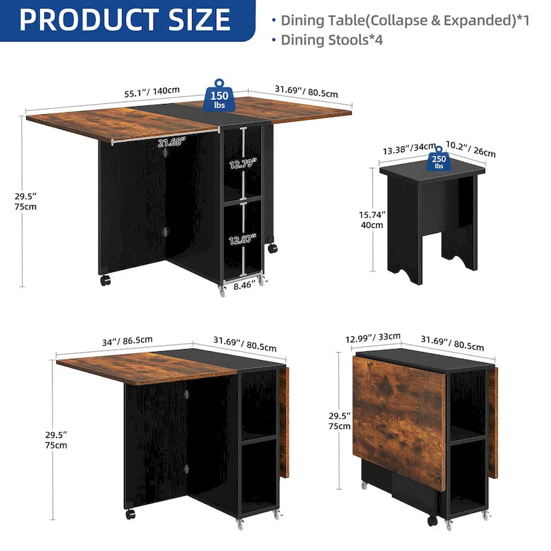 Ensemble de salle à manger pliant moderne Moasis avec table à abattants à 6 roues et tabourets de rangement