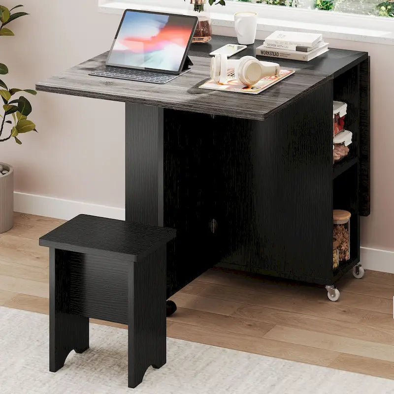 Ensemble de salle à manger pliant moderne Moasis avec table à abattants à 6 roues et tabourets de rangement