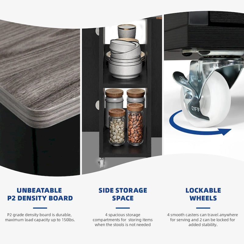 Ensemble de salle à manger pliant moderne Moasis avec table à abattants à 6 roues et tabourets de rangement