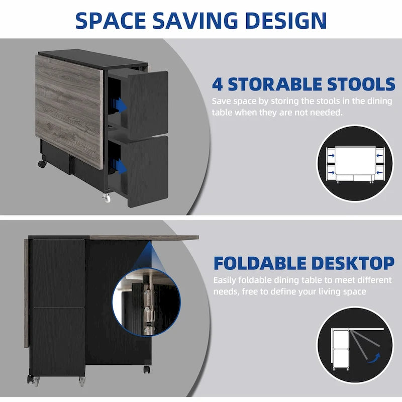 Ensemble de salle à manger pliant moderne Moasis avec table à abattants à 6 roues et tabourets de rangement