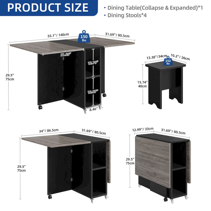 Ensemble de salle à manger pliant moderne Moasis avec table à abattants à 6 roues et tabourets de rangement