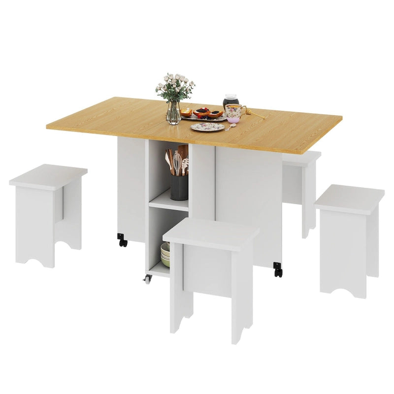 Ensemble de salle à manger pliant moderne Moasis avec table à abattants à 6 roues et tabourets de rangement
