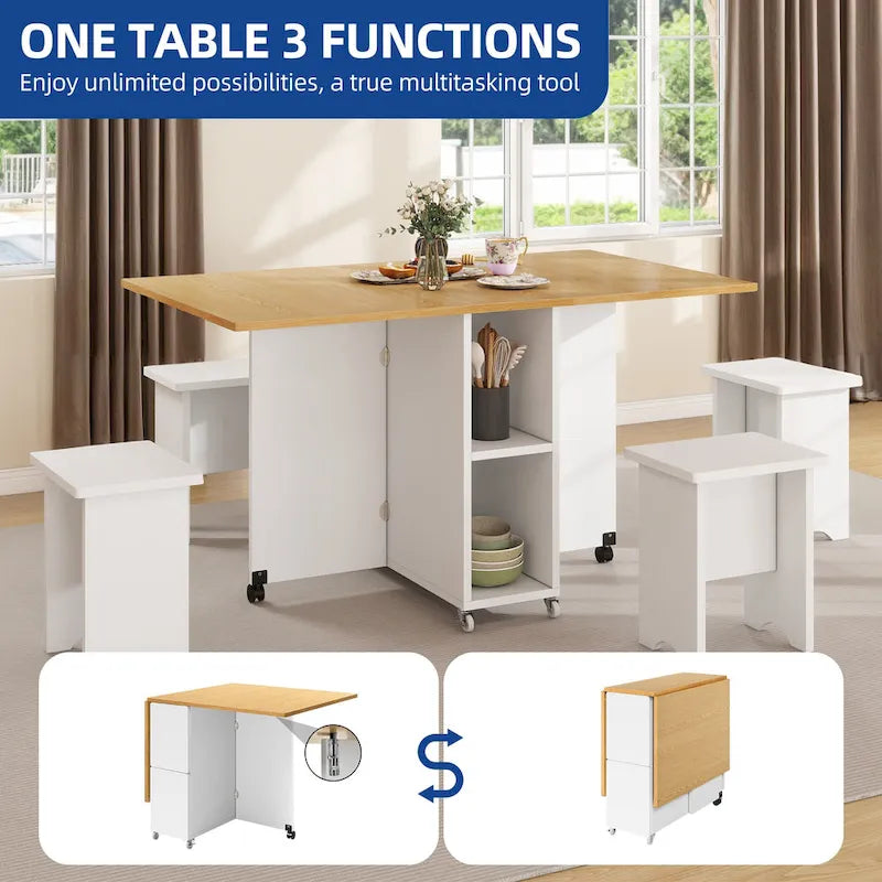 Ensemble de salle à manger pliant moderne Moasis avec table à abattants à 6 roues et tabourets de rangement