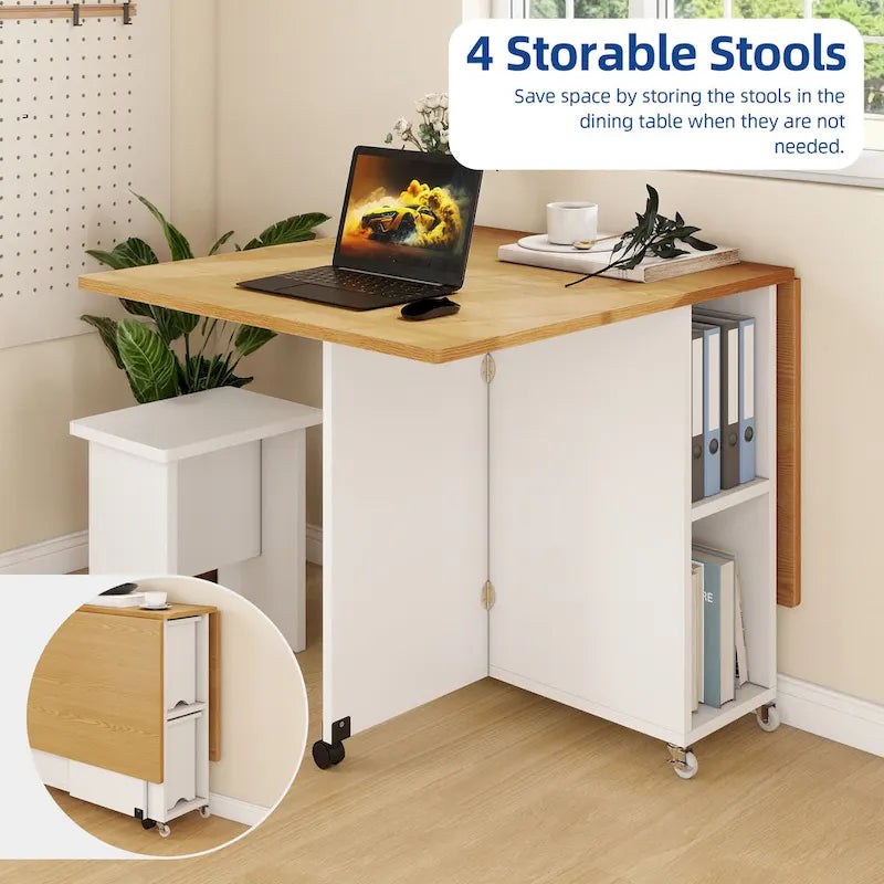 Ensemble de salle à manger pliant moderne Moasis avec table à abattants à 6 roues et tabourets de rangement