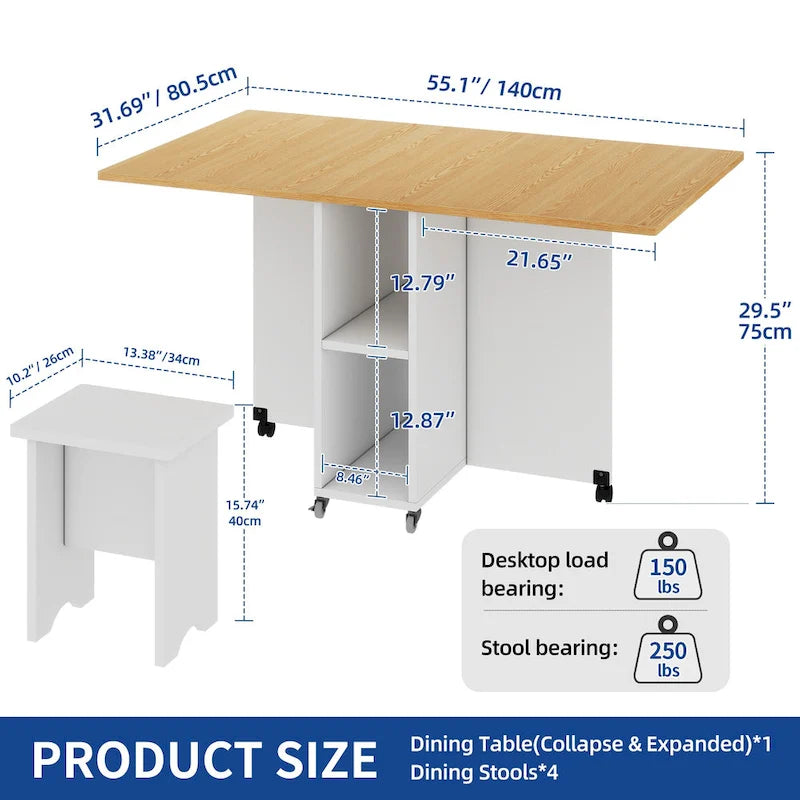Ensemble de salle à manger pliant moderne Moasis avec table à abattants à 6 roues et tabourets de rangement