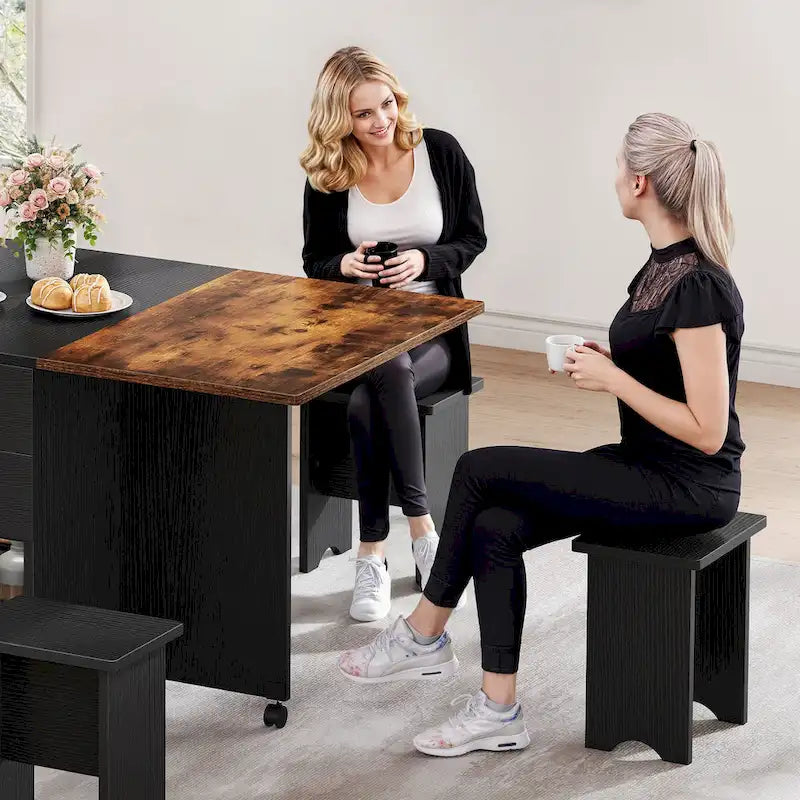 Ensemble de salle à manger pliant moderne Moasis avec table à abattants à 6 roues et tabourets de rangement