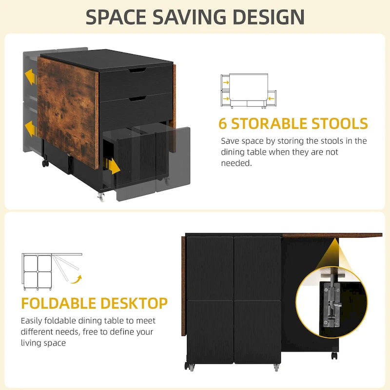 Ensemble de salle à manger pliant moderne Moasis avec table à abattants à 6 roues et tabourets de rangement