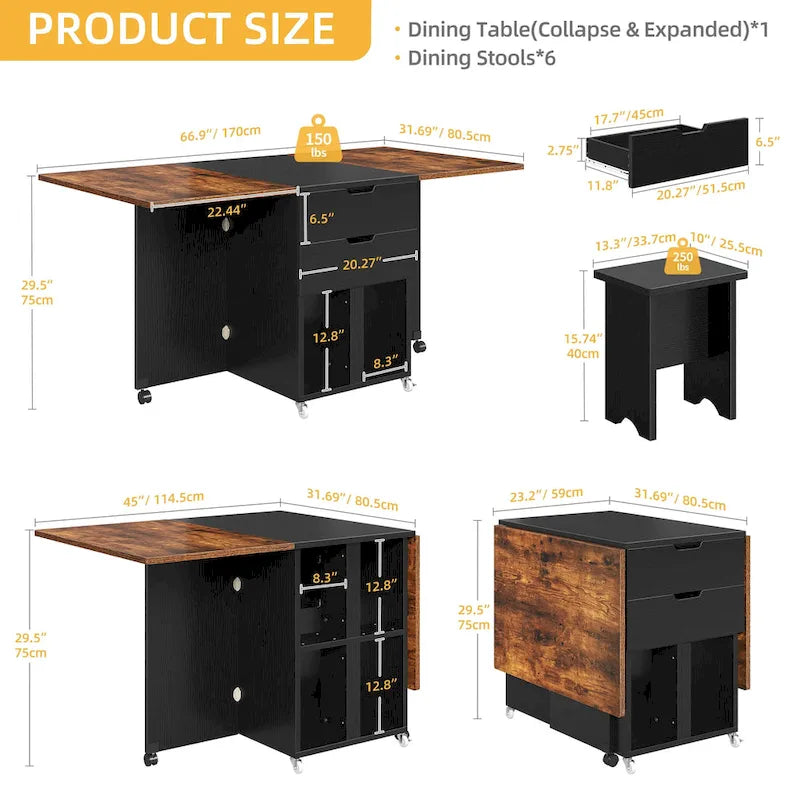 Ensemble de salle à manger pliant moderne Moasis avec table à abattants à 6 roues et tabourets de rangement