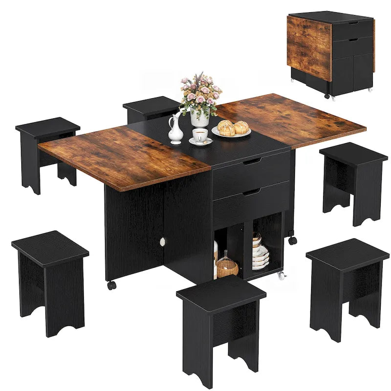 Ensemble de salle à manger pliant moderne Moasis avec table à abattants à 6 roues et tabourets de rangement