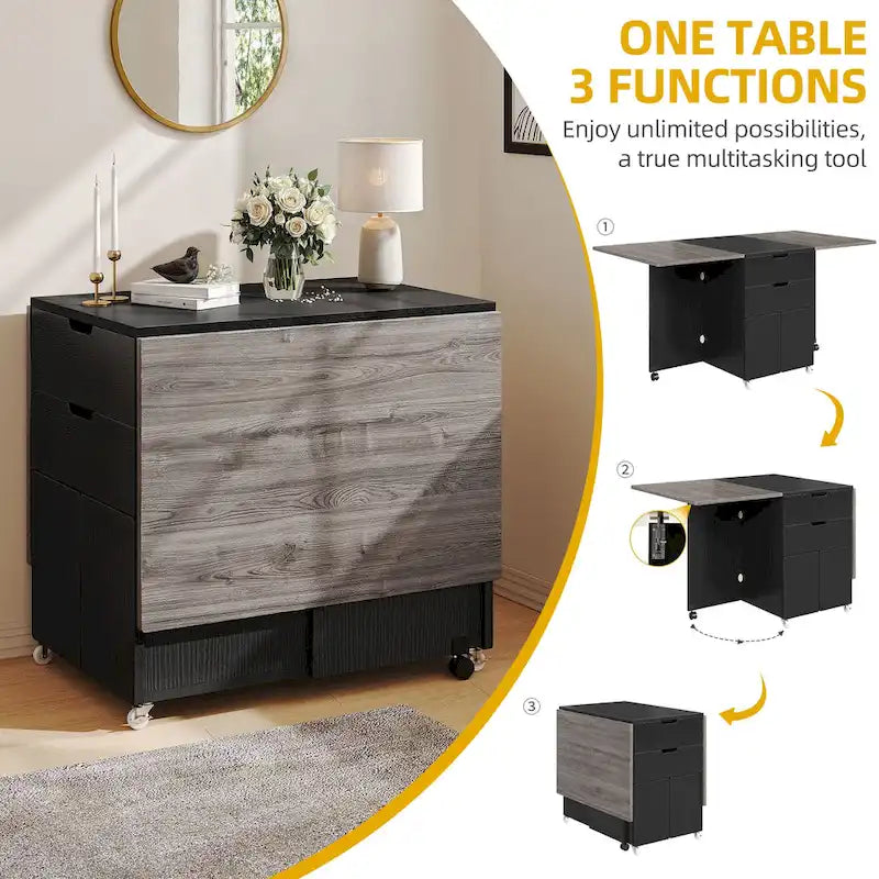 Ensemble de salle à manger pliant moderne Moasis avec table à abattants à 6 roues et tabourets de rangement