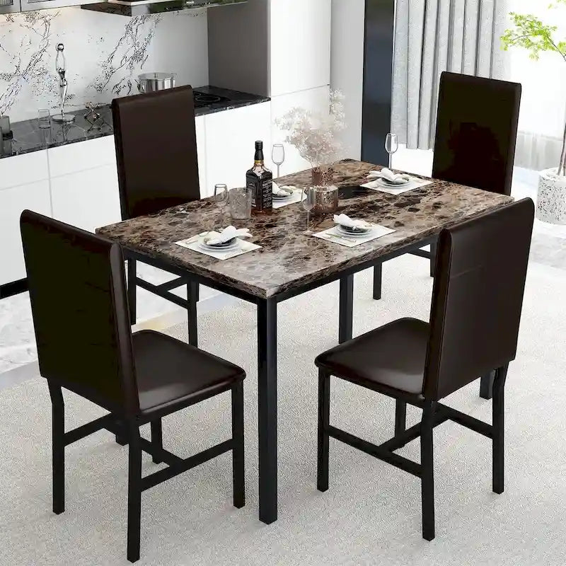 Ensemble de salle à manger 5 pièces, table et chaises de cuisine en faux marbre, 4 chaises couleur expresso avec structure en métal pour la maison ou le coin repas.