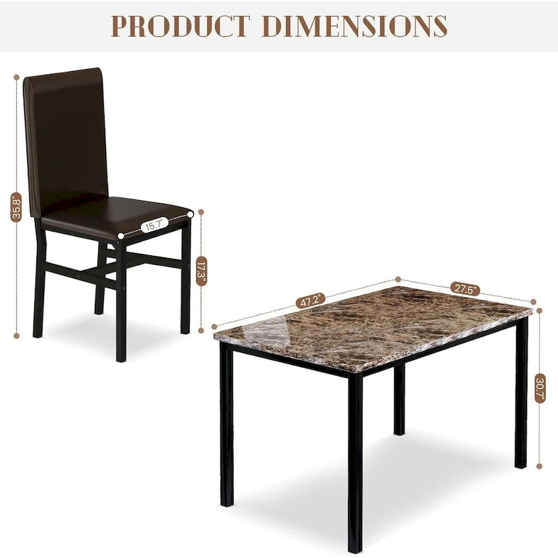 Ensemble de salle à manger 5 pièces, table et chaises de cuisine en faux marbre, 4 chaises couleur expresso avec structure en métal pour la maison ou le coin repas.