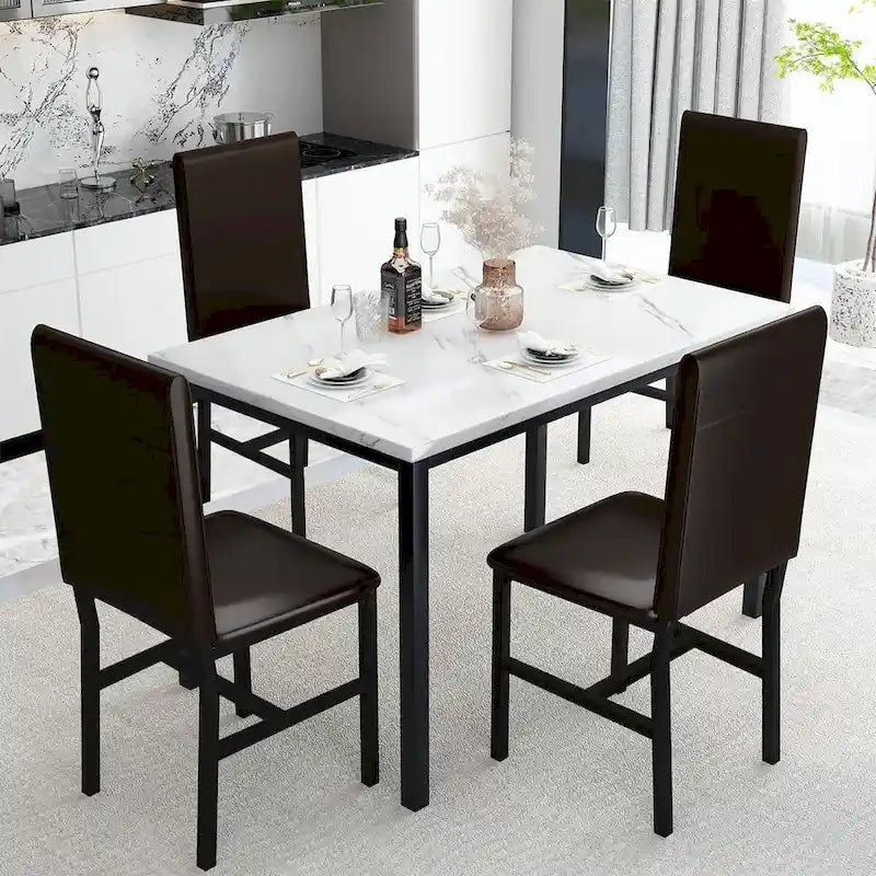 Ensemble de salle à manger 5 pièces, table et chaises de cuisine en faux marbre, 4 chaises couleur expresso avec structure en métal pour la maison ou le coin repas.