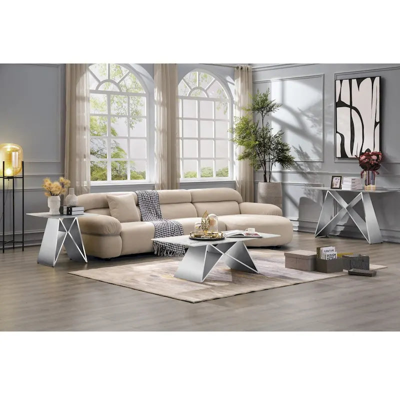 Console en verre trempé blanc avec piètement en forme de M et base miroir.