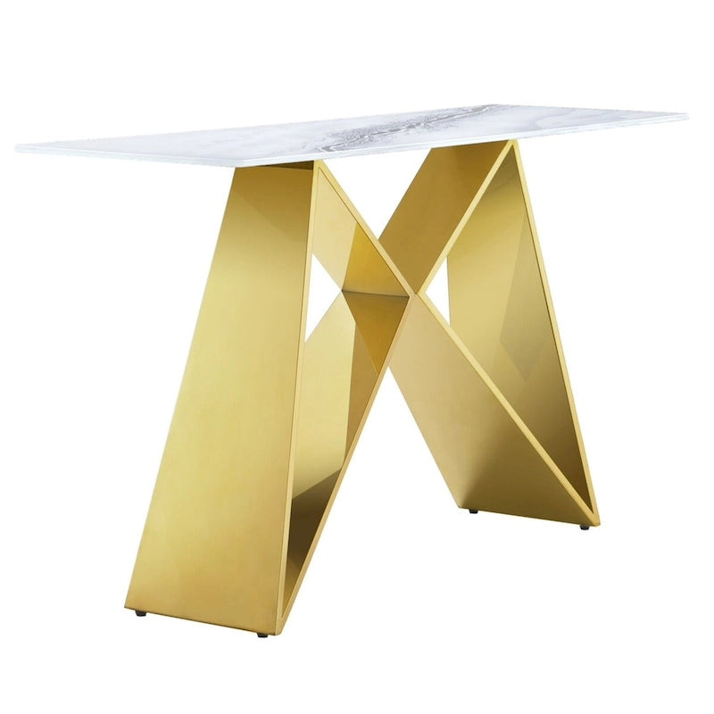 Console en verre trempé blanc avec piètement en forme de M et base miroir.