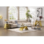 Console en verre trempé blanc avec piètement en forme de M et base miroir.