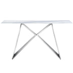 Console en verre trempé blanc avec piètement en forme de M et base miroir.