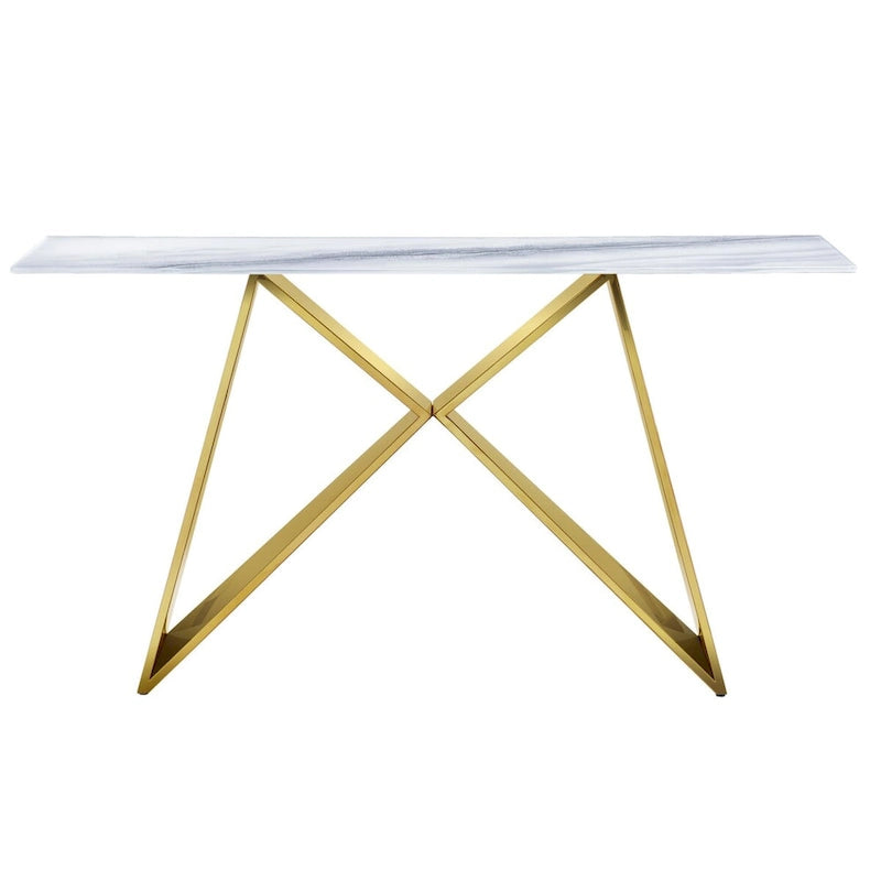 Console en verre trempé blanc avec piètement en forme de M et base miroir.