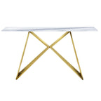 Console en verre trempé blanc avec piètement en forme de M et base miroir.